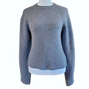 Theory Women’s 100% Merino Wool Gray Sculpted Sleeve Crew Sweater Sz M Ribbed